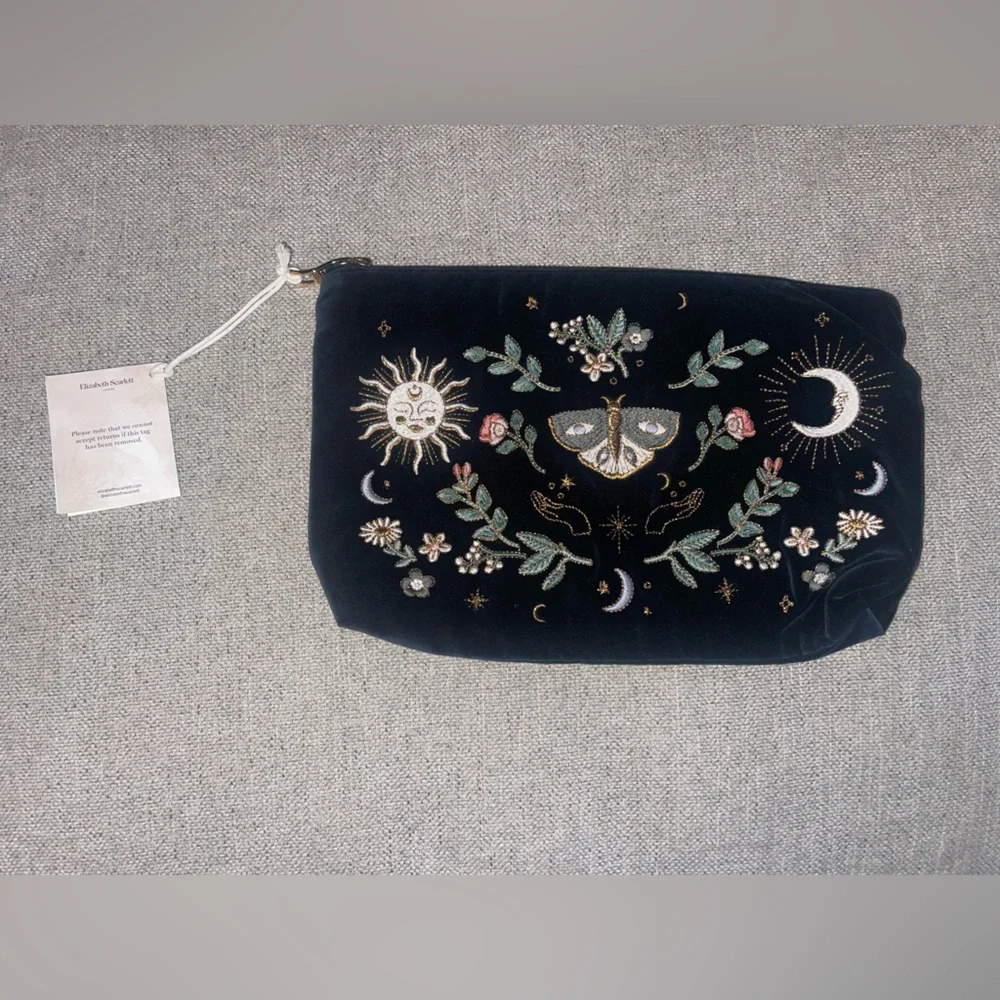 Embroidered Velvet Moon & Moth Cosmetic Pouch - Black
